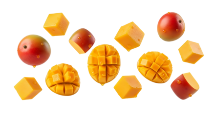 Falling mango fruit cubes on transparent background, isolated fresh and juicy tropical summer food concept with copy space