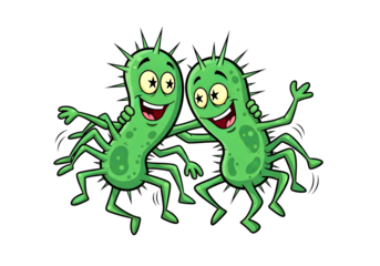 Two happy cartoon green bacteria characters dancing isolated on transparent background