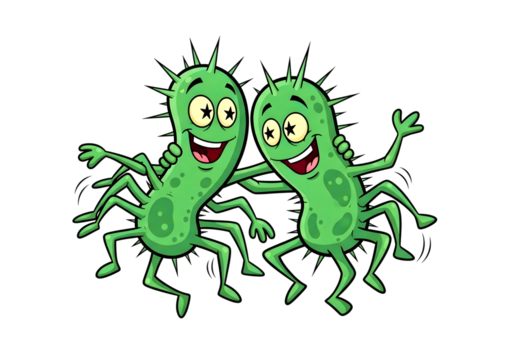 Two happy cartoon green bacteria characters dancing isolated on transparent background - Powered by Adobe