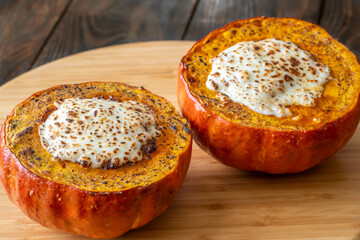 Baked Hokkaido pumpkins filled with beef, tomato sauce, melted mozzarella