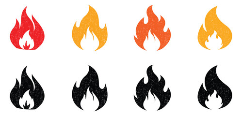Crayon drawn red fire flames icons collection. Fire flame icon. Crayon vector logo. Hot fire on white background. Flame simple illustration. Graphic heat symbol. Hand drawn doodle flames stickers.