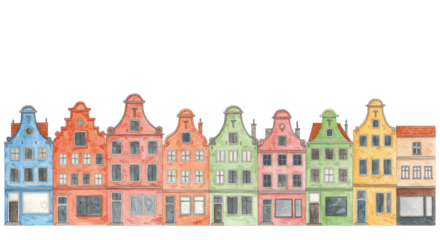 whimsical watercolor illustration of charming dutch and flemish townhouses in pastel hues forming a horizontal banner on textured paper against a transparent copy space. concept for urban community
