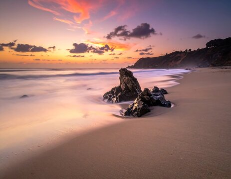 Stunning sunset over a sandy beach with a rock formation and gentle waves lapping ashore