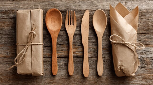 Rustic Wooden Cutlery and Eco-Friendly Wrapped Utensils on Wood Table - Powered by Adobe