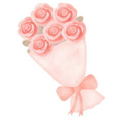 Cute valentine bouquet of pink roses wrapped with ribbon in soft romantic illustration