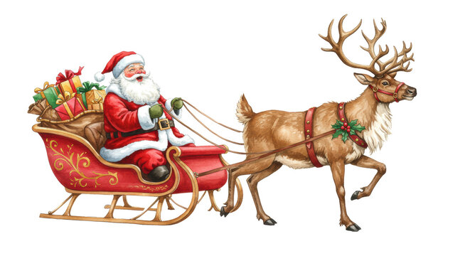 Watercolor of jolly santa claus in red velvet suit driving gift-loaded sleigh pulled by a robust reindeer in mid-stride, isolated on transparent background. Classic holiday design concept