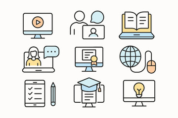 Collection of colorful flat design icons representing online education and learning