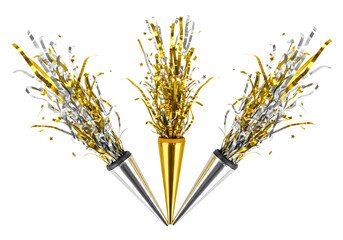 Three festive party poppers with gold and silver streamers isolated on transparent background