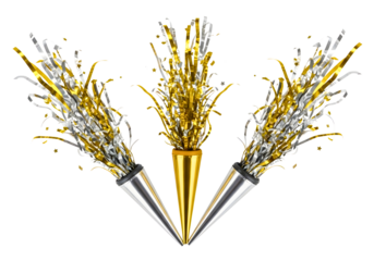 Three festive party poppers with gold and silver streamers isolated on transparent background