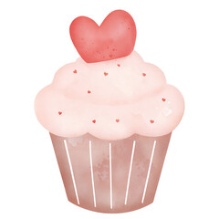 Cute valentine cupcake with pink frosting and heart topper in soft romantic pastel style illustration