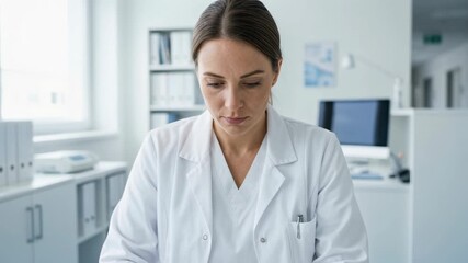 Dedicated woman physician uses a digital tablet reviewing medical data in a bright clean modern clinic office demonstrating health technology