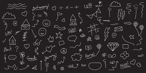 Line arrow, star, heart cute icon elements. Hand drawn sketch heart, arrow, star, flower decoration symbols. Editable Stroke. Vector illustration