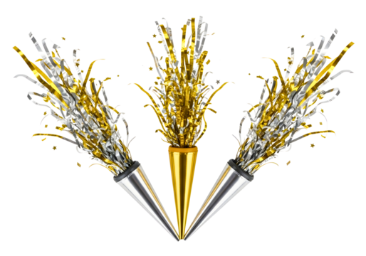 Three festive party poppers with gold and silver streamers isolated on transparent background