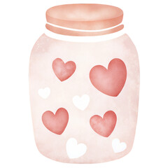Cute Valentine glass jar with pink and white hearts in soft pastel romantic watercolor style illustration
