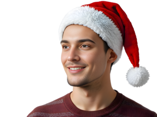 Gen Z man wearing Santa Hat on Holiday of Christmas and Smiling Activities isolated on a transparent background