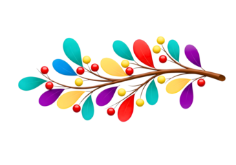 Colorful abstract branch with leaves and berries isolated on transparent background