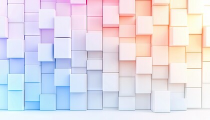 A wall of stacked cubes in varying heights, transitioning from blue to pink and yellow pastel colors, with soft, diffused lighting.