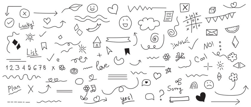 Line arrow, star, heart cute icon elements. Hand drawn sketch heart, arrow, star, flower decoration symbols. Simple sketch line style emphasizes abstract elements on chalkboard. Vector