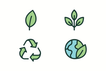 Set of four green eco friendly icons including leaves recycling symbol and planet earth