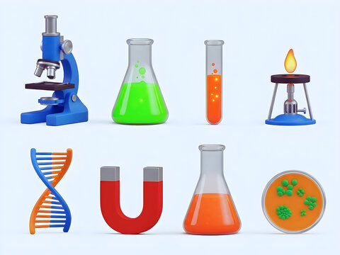 Science lab essentials. 3d icons featuring microscopes, beakers, and more