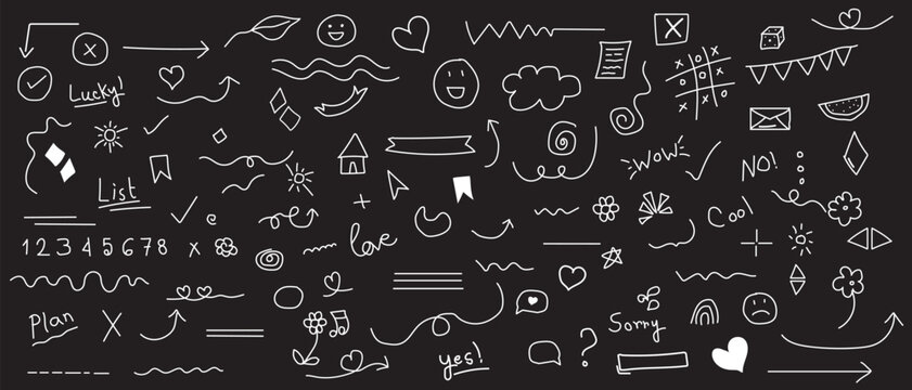 Decorative doodles sketch scribble hand drawn handmade pencil pen marker set vector graphic design illustration art for business infographic journal set pointing arrow speech bubble line outline shape