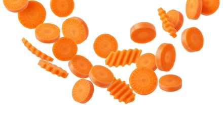 Fresh falling carrot slices isolated on transparent background, healthy food ingredient.