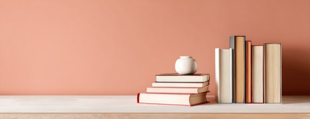 Stacked books and a vase on a light-colored shelf against a peach wall
