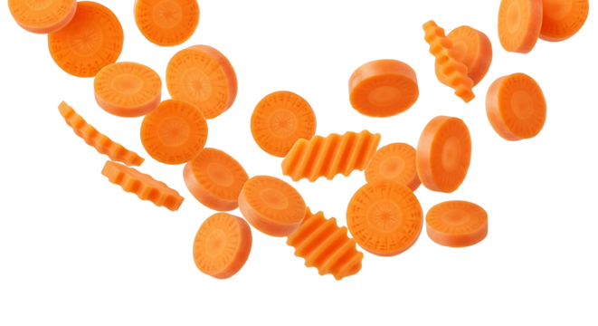 Fresh falling carrot slices isolated on transparent background, healthy food ingredient.