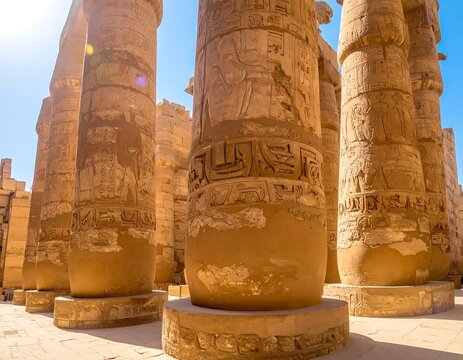 Sunlight illuminates the carved pillars of an ancient stone temple, against a clear blue sky - Powered by Adobe