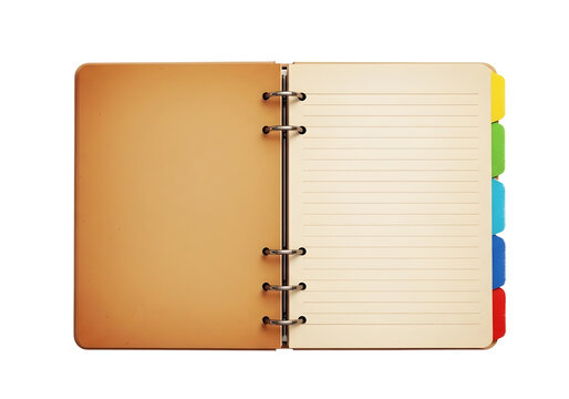 Open vintage style address book with blank lined pages and colorful tabs isolated on transparent background