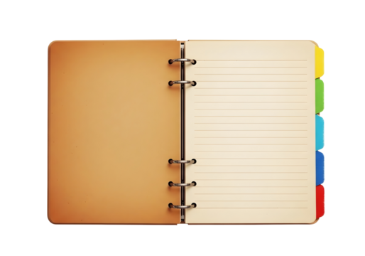 Open vintage style address book with blank lined pages and colorful tabs isolated on transparent background - Powered by Adobe