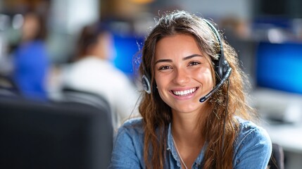 Friendly female customer service agent wearing headset in modern call center