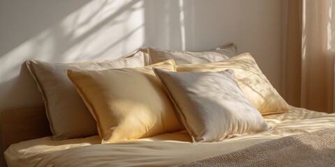 A bed with warm, neutral tones, bathed in sunlight