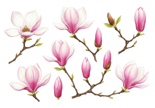 High-detail watercolor illustration of pink magnolia blossoms and buds with yellow stamens, soft washes on textured paper, isolated elements on transparent background. Concept for botanical design