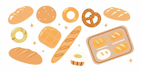 Cute cartoon bakery illustration with bread bagels pretzel and cupcake