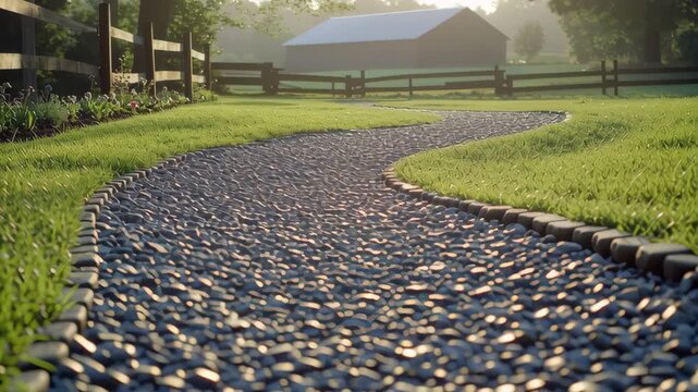 Winding gravel path leads through a rural landscape past a wooden fence and red barn at sunrise, serene outdoor travel concept