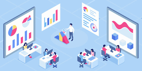 Isometric business team analyzing data and charts in a modern office