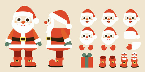 Cartoon santa claus character creation kit with different poses and elements