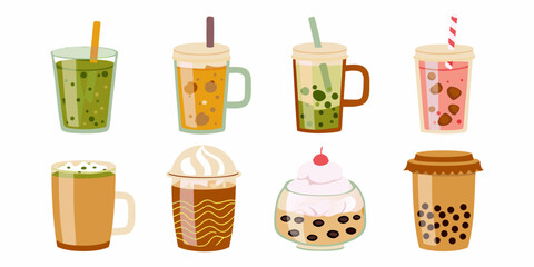 Collection of colorful bubble tea drinks with tapioca pearls