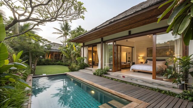 home or house building Exterior and interior design showing tropical pool villa with green garden and bedroom