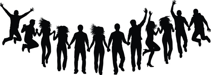 Black silhouette vector illustration of a large diverse group of happy young people jumping and celebrating together while holding hands, representing community, joy, and friendship