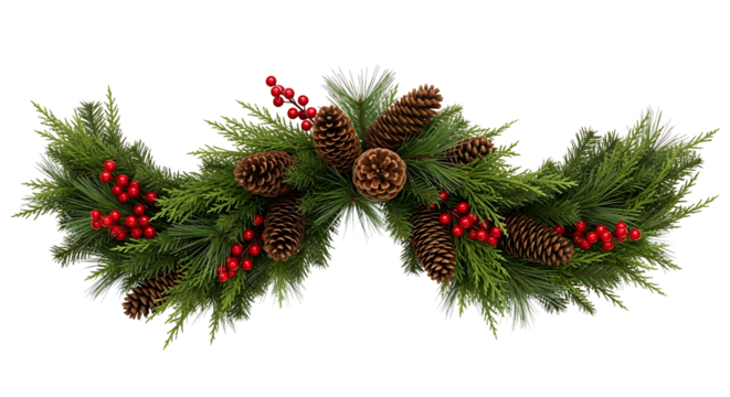 Festive Christmas Garland with Green Evergreen Branches, Natural Pinecones and Red Berries on Transparent Background | christmas tree branches