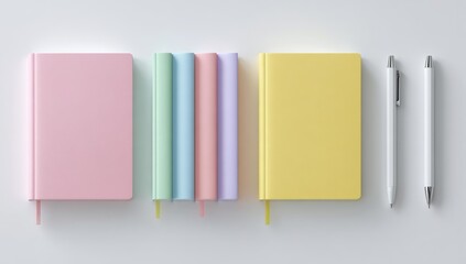 Pastel-colored notebooks and pens on a white surface