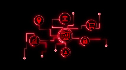 A vibrant cyan neon artwork showcases interconnected business elements like location, partnership, shopping, security, teamwork, and growth, all set against...