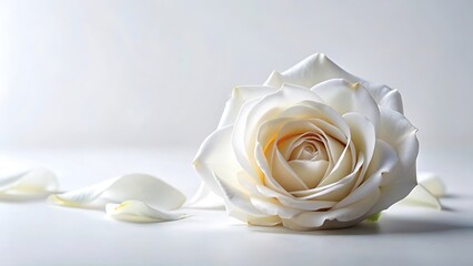 Beautiful white rose with delicate petals on a reflective surface, soft focus