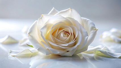 Beautiful white rose with delicate petals on a reflective surface, soft focus