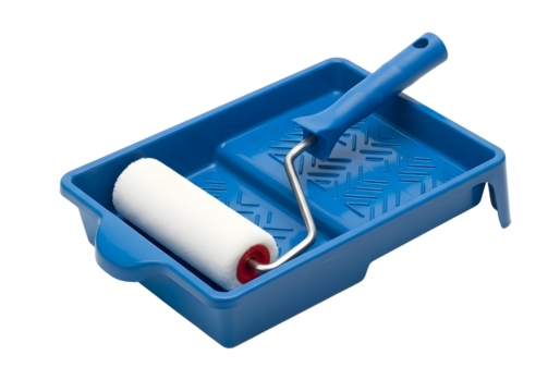 Blue paint roller tray and roller isolated on transparent background