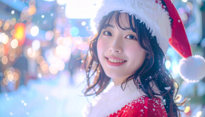 きらめく笑顔のサンタ衣装を着た日本人女性の明るいポートレートキラキラかわいい
– Cheerful Japanese Woman in Santa Costume on White Background