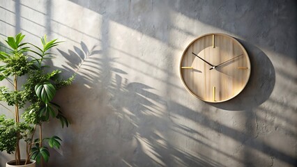 Modern wooden clock on a concrete wall with a green plant and sunlight shadows