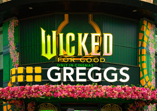 Wicked: For Good Movie (Wicked: Part Two) American Musical Fantasy Film, Greggs Bakery Store Logo, Leicester Square, Central London, England, United Kingdom &mdash; 25 November 2025
